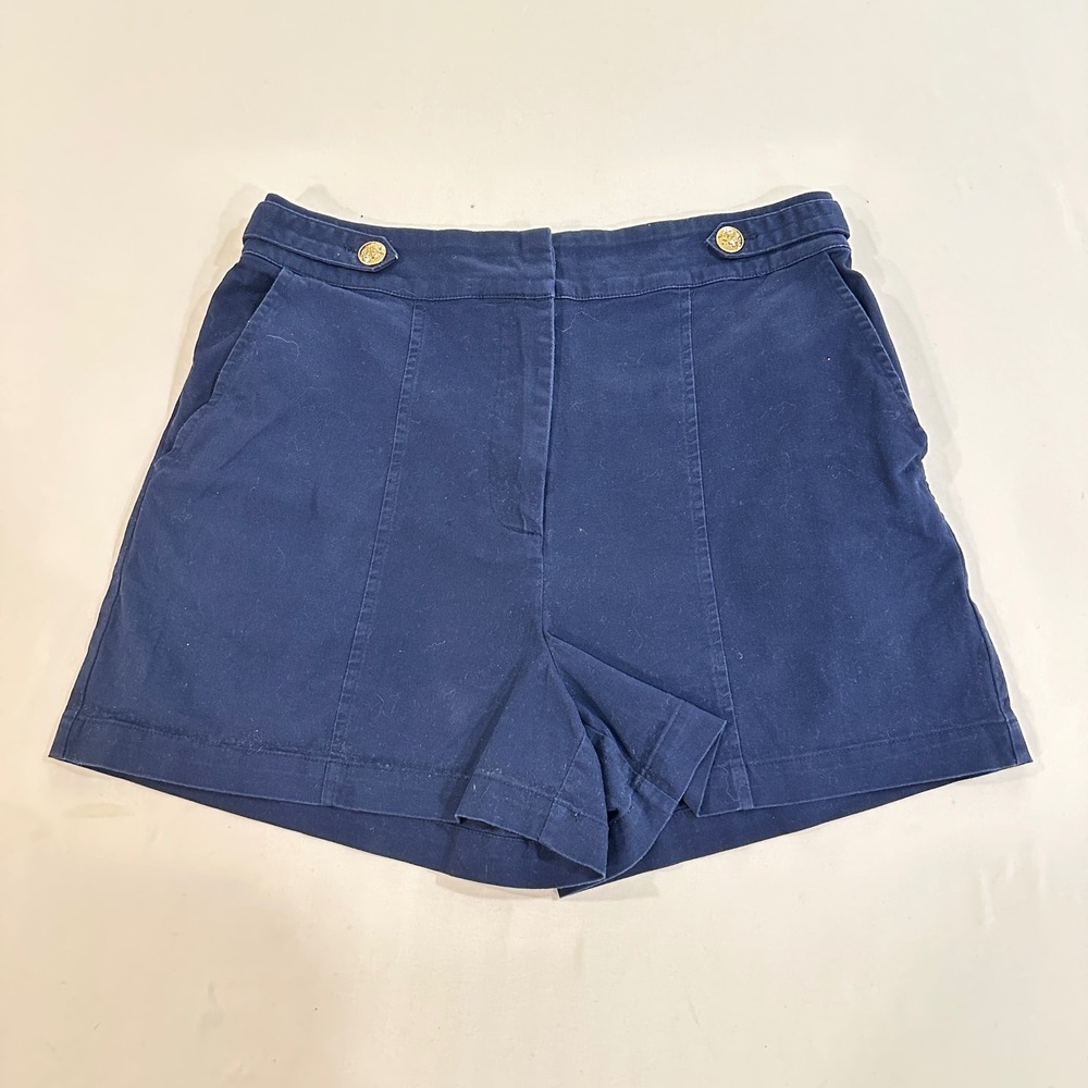 Skies Are Blue Women Shorts Size M Navy‎ Blue Cotton Gold Button Chino High Rise